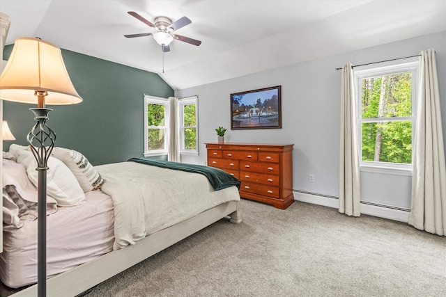 16 Ches Mae Ln, Milford, NH 03055 - bedroom with vaulted ceiling, carpet floors, ceiling fan, a baseboard radiator, and baseboards