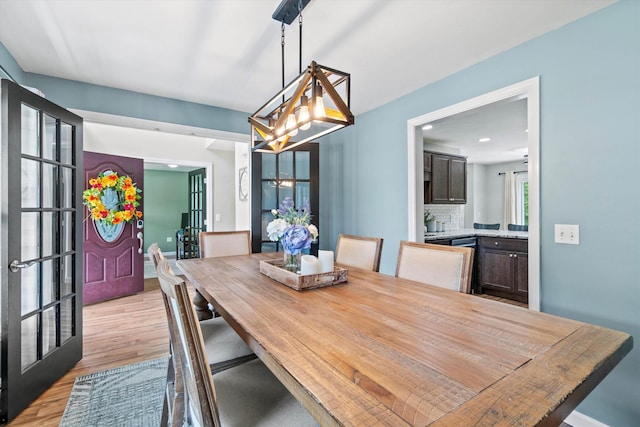 16 Ches Mae Ln, Milford, NH 03055 - dining space featuring light wood-style floors, a chandelier, french doors, and recessed lighting