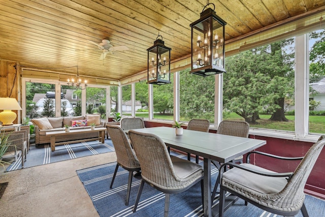 26 Middle St, Amherst, NH 03031 - sunroom featuring wood ceiling, a chandelier, a ceiling fan, outdoor lounge area, and concrete flooring