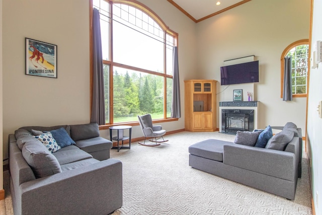 275 Petit Rd, Coventry, VT 05825 - living area with carpet flooring, ornamental molding, a glass covered fireplace, baseboards, and a towering ceiling