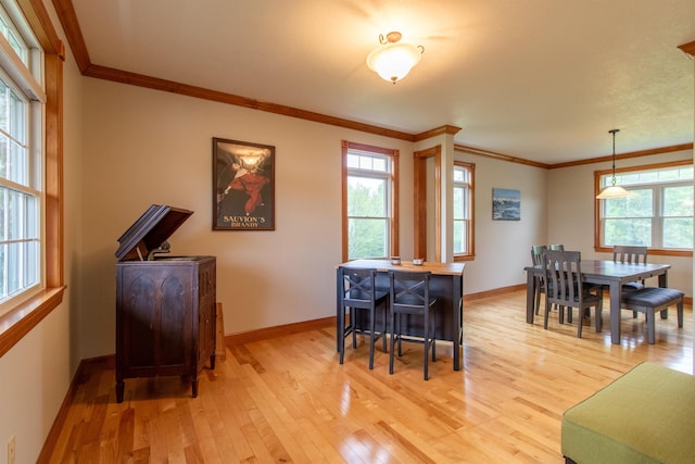 275 Petit Rd, Coventry, VT 05825 - dining area featuring light wood-type flooring, plenty of natural light, ornamental molding, and baseboards
