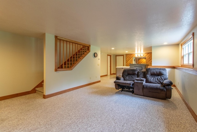275 Petit Rd, Coventry, VT 05825 - living room with stairway, carpet, baseboards, and recessed lighting