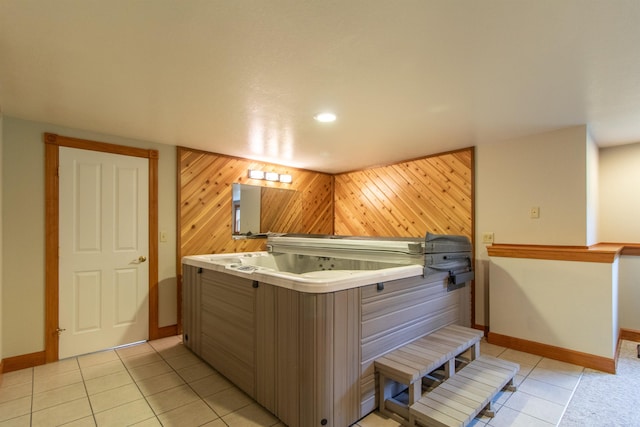 275 Petit Rd, Coventry, VT 05825 - kitchen with wooden walls, light tile patterned floors, baseboards, and recessed lighting