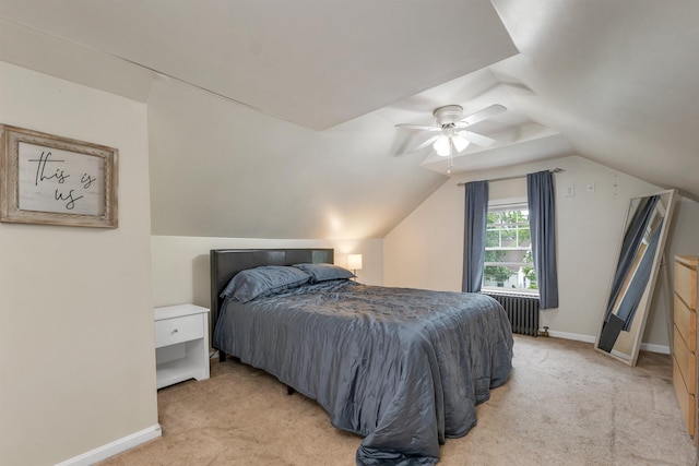 190 Anthony St, Manchester, NH 03103 - bedroom with radiator, light carpet, vaulted ceiling, a ceiling fan, and baseboards