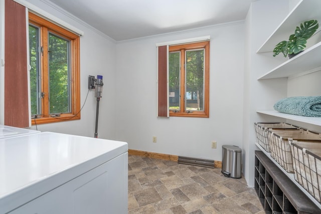 26 Association Dr, Northwood, NH 03261 - laundry area with plenty of natural light, washing machine and dryer, baseboards, light stone finish flooring, and crown molding