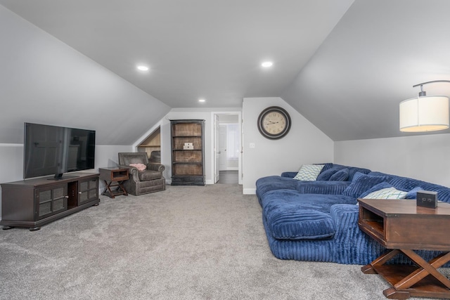26 Association Dr, Northwood, NH 03261 - carpeted living room featuring vaulted ceiling, recessed lighting, and baseboards