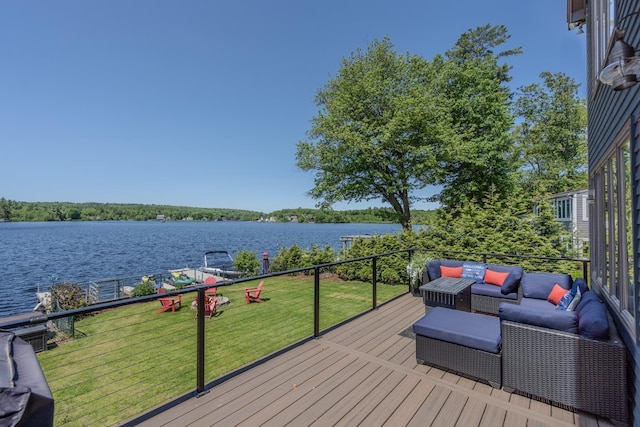 26 Association Dr, Northwood, NH 03261 - wooden deck with a water view, a lawn, and an outdoor living space