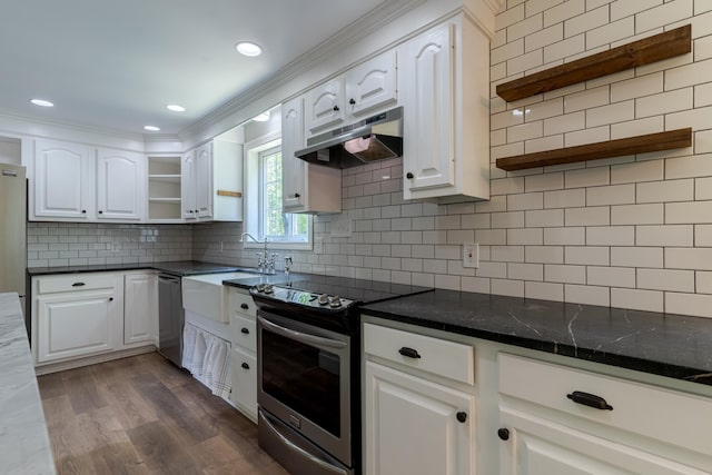 11 Rabbit Ln, Barrington, NH 03825 - kitchen featuring open shelves, appliances with stainless steel finishes, under cabinet range hood, white cabinetry, and tasteful backsplash