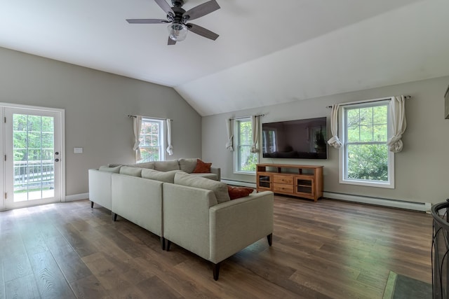 11 Rabbit Ln, Barrington, NH 03825 - living area with a baseboard radiator, baseboard heating, wood finished floors, lofted ceiling, and ceiling fan