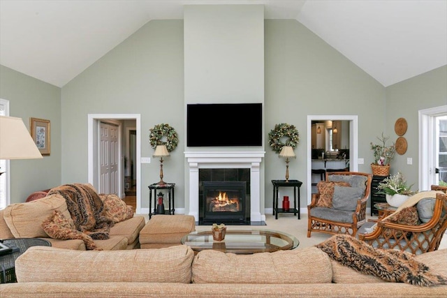 38 Granite Ln Unit 38, Chester, NH 03036 - carpeted living area featuring high vaulted ceiling and a tiled fireplace