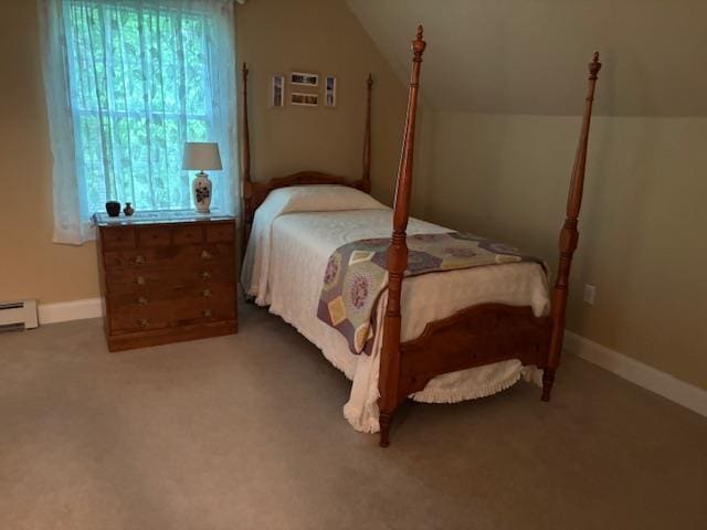 3 Dove St, Wolfeboro, NH 03894 - carpeted bedroom featuring vaulted ceiling and baseboard heating