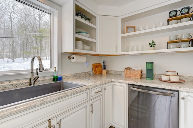 270 Beechnut Dr, Conway, NH 03860 - kitchen with open shelves, dishwasher, a sink, and white cabinetry