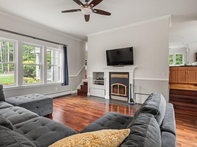 278 S Cove Rd, Burlington, VT 05401 - living room featuring wood finished floors, a ceiling fan, a baseboard radiator, plenty of natural light, and ornamental molding