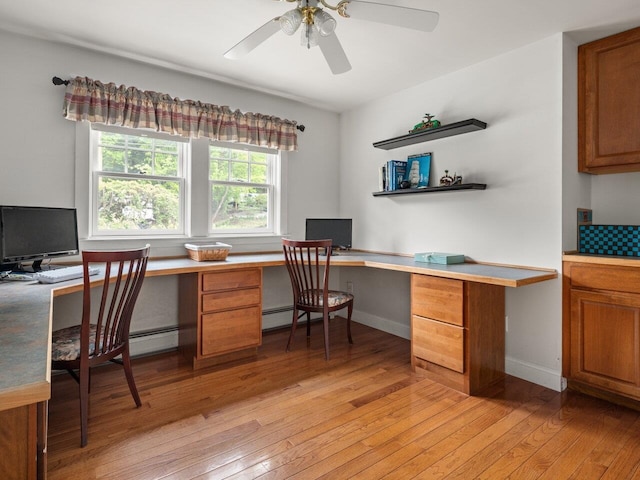 278 S Cove Rd, Burlington, VT 05401 - home office featuring light wood-type flooring, built in study area, a ceiling fan, baseboards, and a baseboard radiator