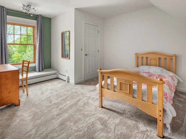 278 S Cove Rd, Burlington, VT 05401 - carpeted bedroom featuring a baseboard heating unit, baseboards, and lofted ceiling