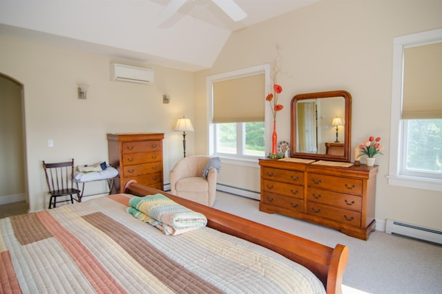 120 Pepin Dr Unit B 6, Newport City, VT 05855 - carpeted bedroom with a wall unit AC, baseboard heating, vaulted ceiling, a ceiling fan, and baseboards