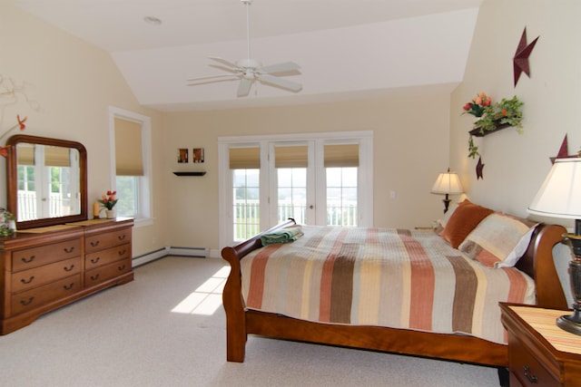120 Pepin Dr Unit B 6, Newport City, VT 05855 - bedroom with access to exterior, vaulted ceiling, light colored carpet, a baseboard heating unit, and ceiling fan