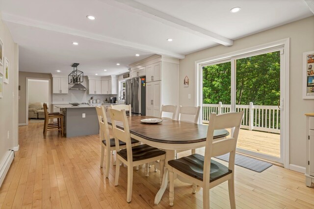 78 Hitching Post Ln, Bedford, NH 03110 - dining area featuring beamed ceiling, light wood-type flooring, recessed lighting, baseboards, and baseboard heating