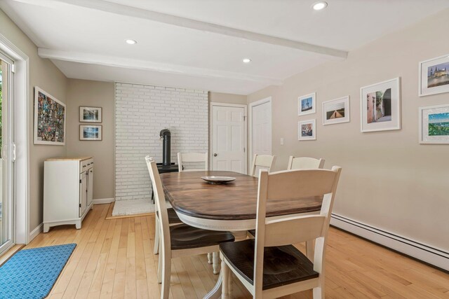 78 Hitching Post Ln, Bedford, NH 03110 - dining space with beamed ceiling, a baseboard heating unit, light wood-type flooring, baseboards, and recessed lighting
