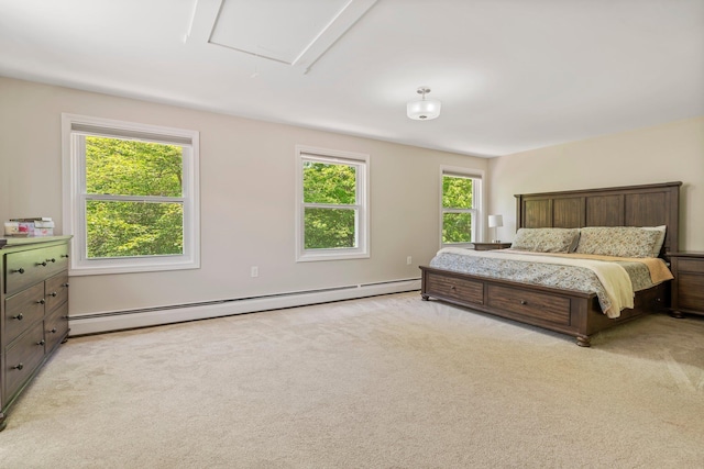 78 Hitching Post Ln, Bedford, NH 03110 - bedroom featuring a baseboard radiator, light colored carpet, and attic access