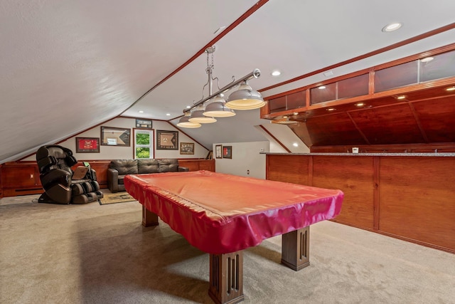 78 Hitching Post Ln, Bedford, NH 03110 - rec room featuring carpet floors, vaulted ceiling, pool table, and recessed lighting