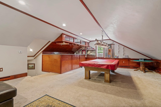 78 Hitching Post Ln, Bedford, NH 03110 - recreation room with carpet, vaulted ceiling, recessed lighting, and billiards
