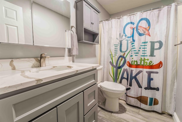 82 Garden Cir, Laconia, NH 03246 - full bathroom with vanity, wood finished floors, toilet, and a shower with shower curtain