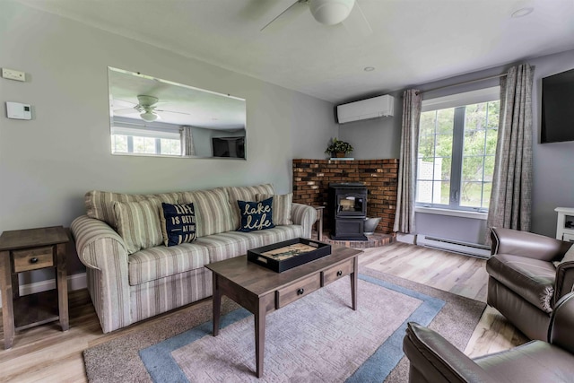 82 Garden Cir, Laconia, NH 03246 - living area with a ceiling fan, a wall mounted air conditioner, a wood stove, and a baseboard heating unit