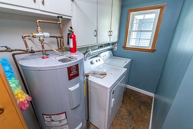 2 Ramsey Dr, Rochester, NH 03839 - laundry area with electric water heater, washer and clothes dryer, cabinet space, baseboards, and dark stone finish flooring