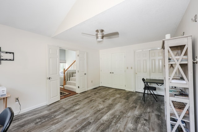 58 Hickory Ln, Windham, NH 03087 - office area featuring ceiling fan, wood finished floors, baseboards, and lofted ceiling