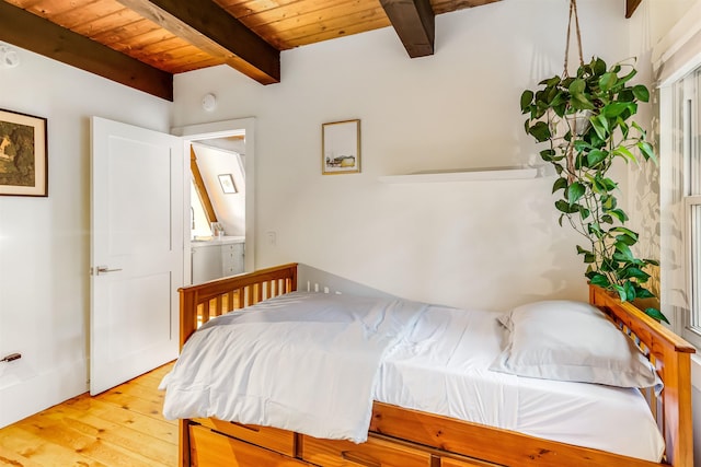 171 Cold Spring Rd, Milton, VT 05478 - bedroom featuring wooden ceiling with exposed beams and hardwood / wood-style flooring