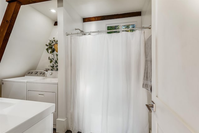 171 Cold Spring Rd, Milton, VT 05478 - bathroom with washer and clothes dryer, a shower with shower curtain, and vanity