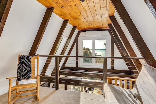 171 Cold Spring Rd, Milton, VT 05478 - sitting room with wooden ceiling, a wall mounted air conditioner, an upstairs landing, and lofted ceiling