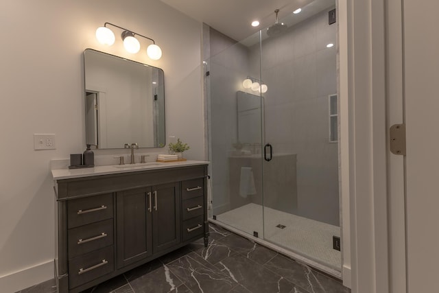 346 Elizabeths Ln Unit 13, Morristown, VT 05661 - full bathroom with a shower stall, vanity, marble finish floors, and recessed lighting