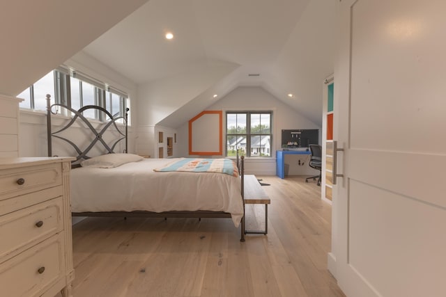 346 Elizabeths Ln Unit 13, Morristown, VT 05661 - bedroom with light wood finished floors, vaulted ceiling, a desk, and recessed lighting