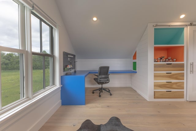 346 Elizabeths Ln Unit 13, Morristown, VT 05661 - office area with vaulted ceiling, plenty of natural light, light wood-style floors, recessed lighting, and baseboards