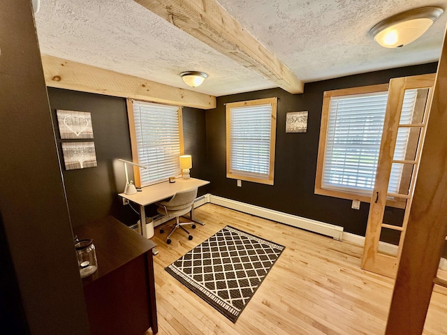 11 Francestown Rd, Bennington, NH 03442 - office area featuring a baseboard radiator, wood finished floors, baseboards, beamed ceiling, and a textured ceiling
