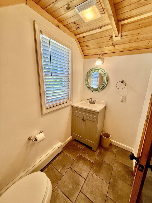 11 Francestown Rd, Bennington, NH 03442 - half bathroom featuring wooden ceiling, toilet, vanity, baseboards, and vaulted ceiling