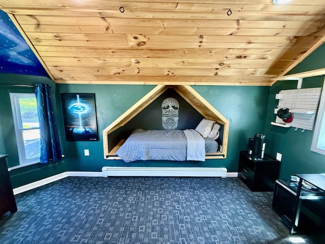 11 Francestown Rd, Bennington, NH 03442 - carpeted bedroom featuring wooden ceiling, baseboards, baseboard heating, and vaulted ceiling