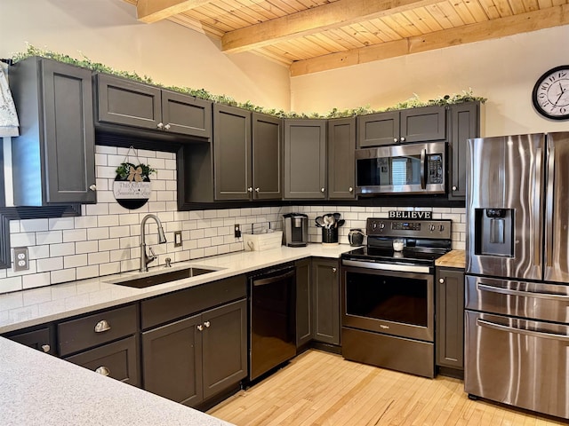 11 Francestown Rd, Bennington, NH 03442 - kitchen with stainless steel appliances, wood ceiling with exposed beams, a sink, light wood finished floors, and light countertops