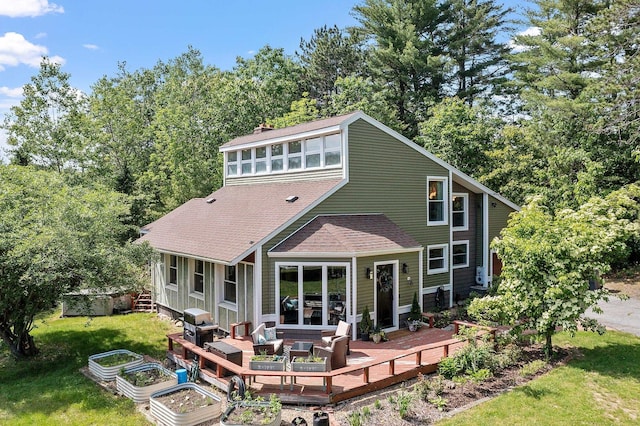 2 Candlewood Rd, Windham, NH 03087 - back of house featuring a deck, roof with shingles, a lawn, a garden, and an outdoor living space