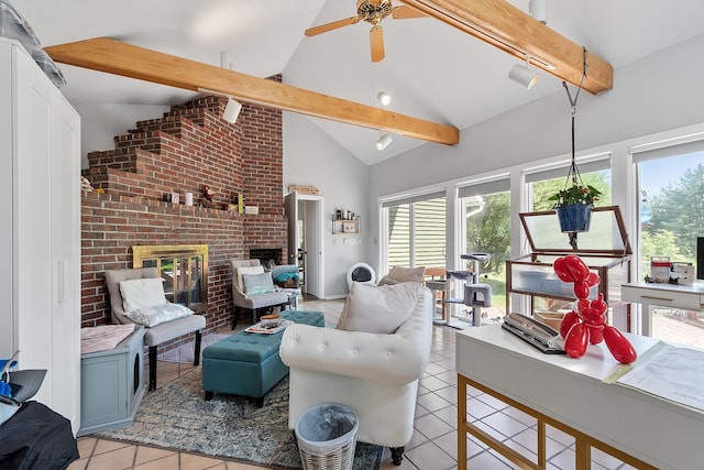 2 Candlewood Rd, Windham, NH 03087 - living room with healthy amount of natural light, light tile patterned flooring, beam ceiling, a ceiling fan, and a brick fireplace