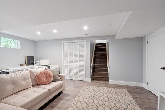 2 Candlewood Rd, Windham, NH 03087 - living area featuring light wood-style flooring, stairs, recessed lighting, and baseboards