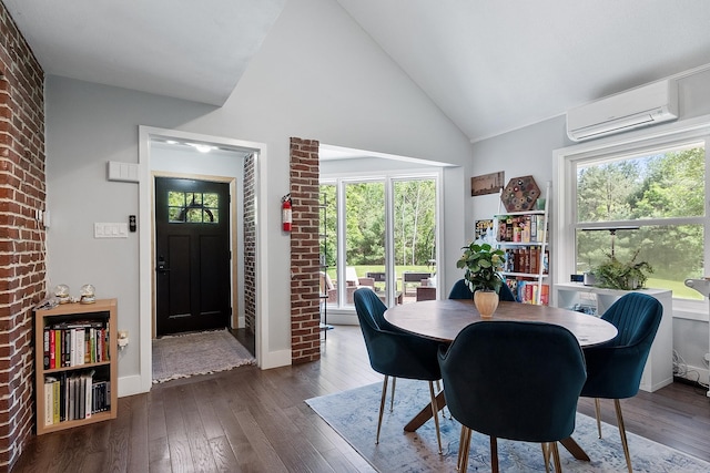 2 Candlewood Rd, Windham, NH 03087 - dining space featuring an AC wall unit, plenty of natural light, dark wood-style flooring, baseboards, and high vaulted ceiling