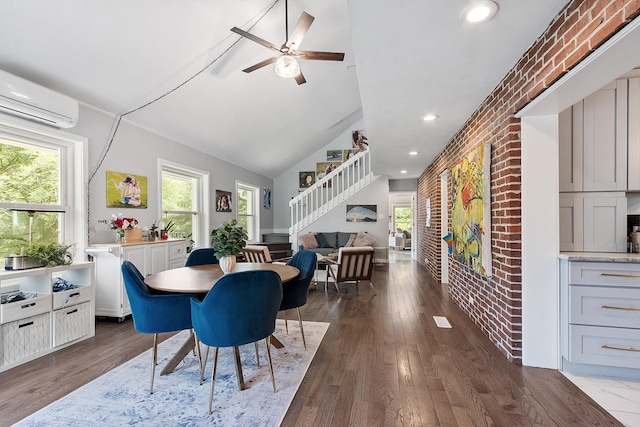 2 Candlewood Rd, Windham, NH 03087 - dining area featuring a wall unit AC, lofted ceiling, a ceiling fan, recessed lighting, and stairs