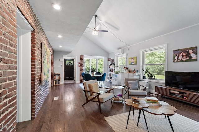 2 Candlewood Rd, Windham, NH 03087 - living room featuring ceiling fan, wood finished floors, a wall mounted AC, baseboards, and brick wall