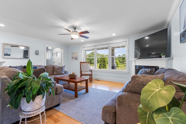 6 Tannery Way, Kensington, NH 03833 - living area featuring a ceiling fan, crown molding, wood finished floors, a fireplace, and recessed lighting