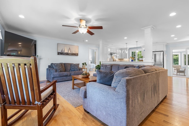 6 Tannery Way, Kensington, NH 03833 - living room featuring ornate columns, ceiling fan, healthy amount of natural light, recessed lighting, and ornamental molding