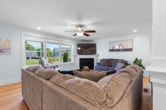 6 Tannery Way, Kensington, NH 03833 - living room featuring crown molding, a fireplace, a ceiling fan, light wood-style floors, and baseboards