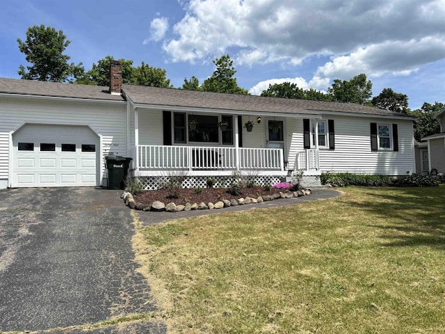 39 Orchard St, Laconia, NH 03246 - ranch-style house with a porch, an attached garage, a chimney, a front lawn, and asphalt driveway